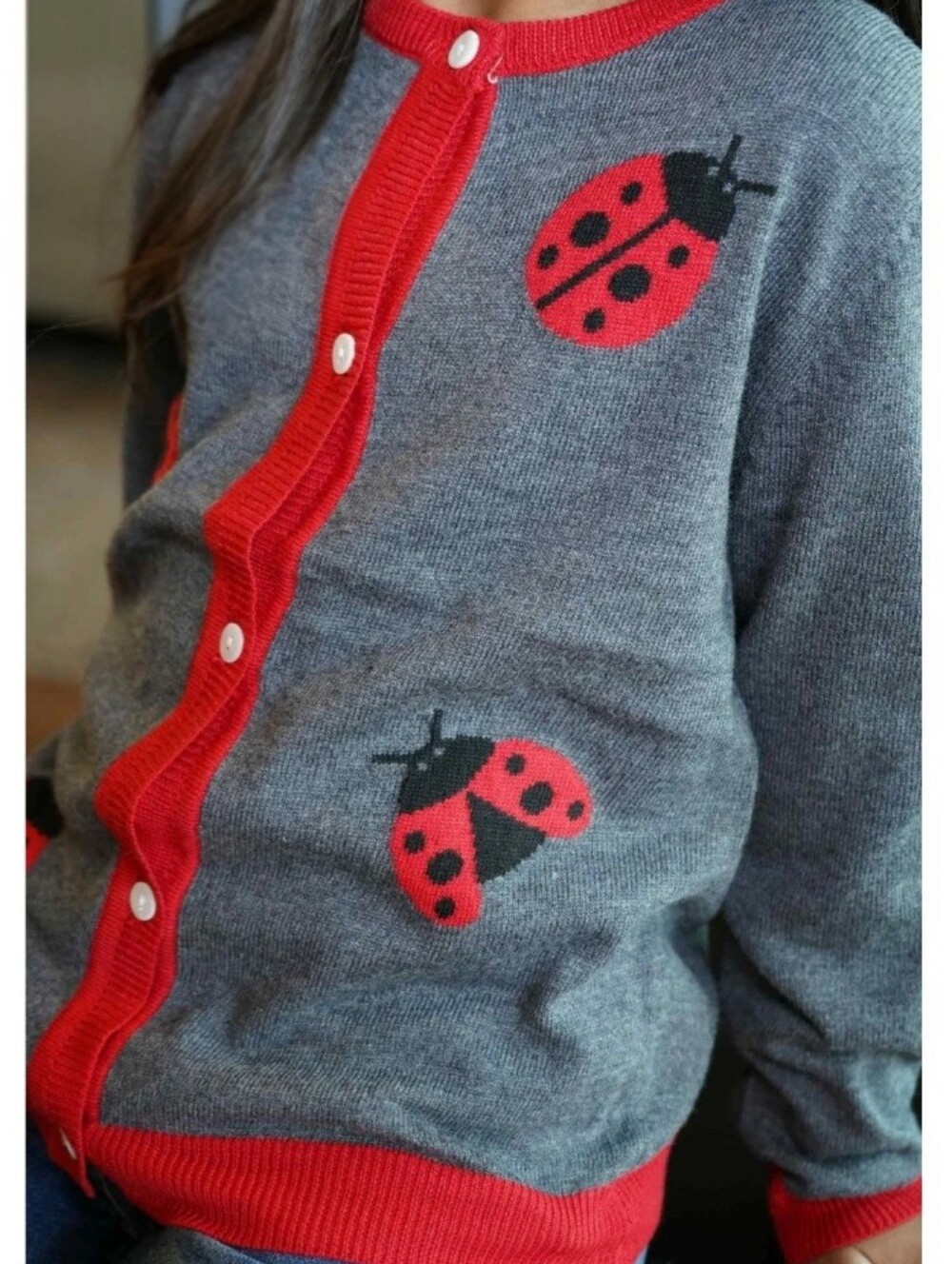 Girls' Gray and Red Ladybug Cardigan Sweater